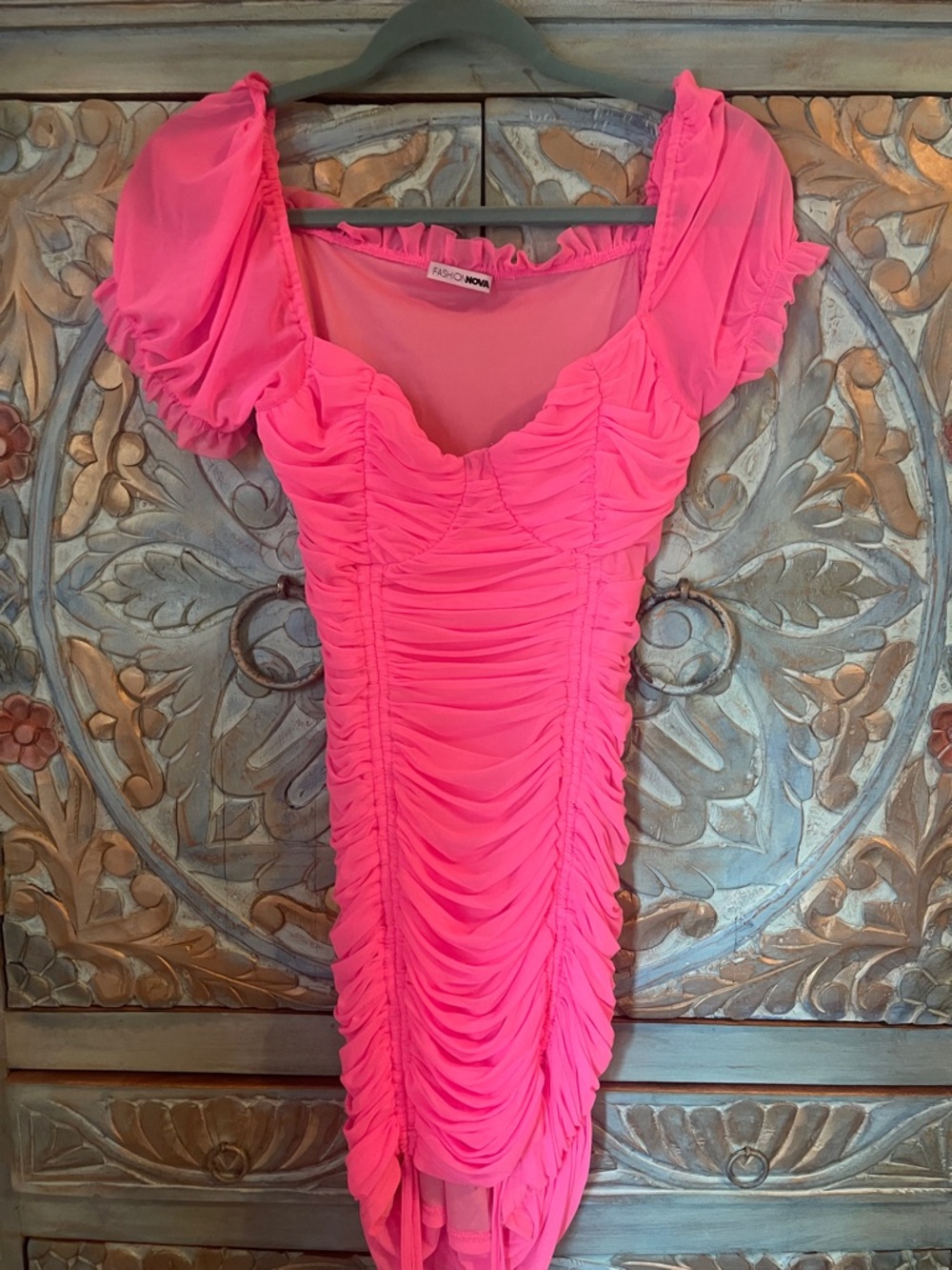 Fashion Nova Neon Pink Ruched Mini Dress